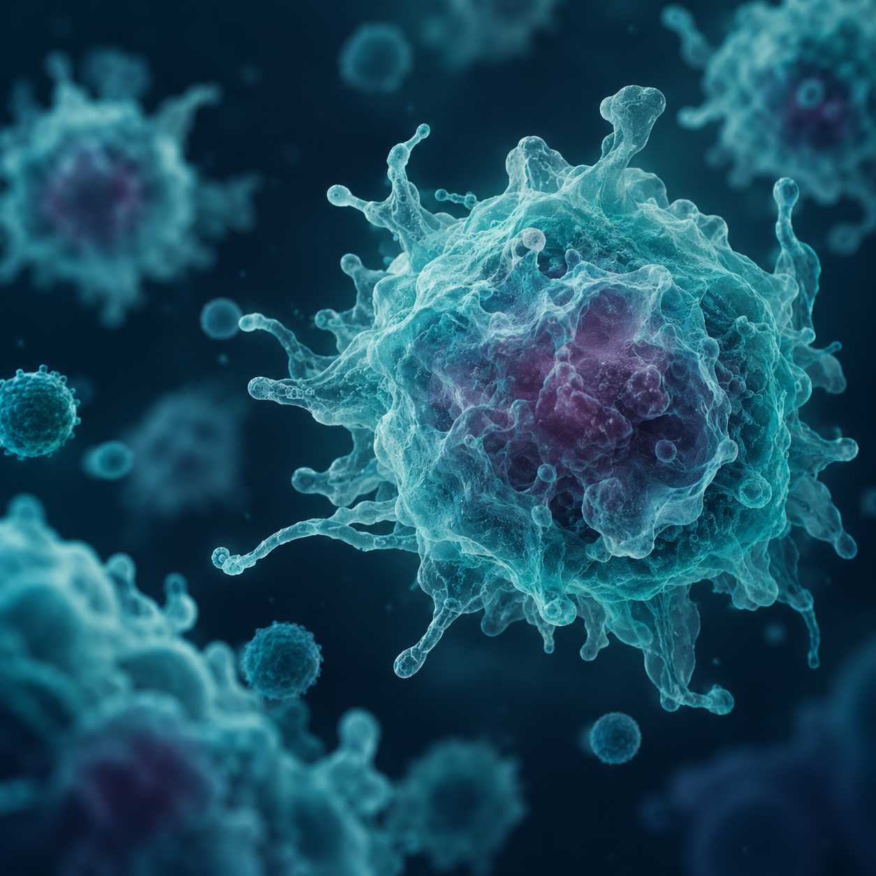 Évocation artistique de cellules immunitaires dans des teintes turquoise et bleu nuit